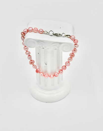 Fresh Pink Fresh Water Pearl 7.5 Inch Knotted Bracelet Silver Hardware