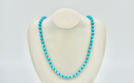 Mystic Blue Jade Facetted 17 Inch Necklace Knotted Black Silk