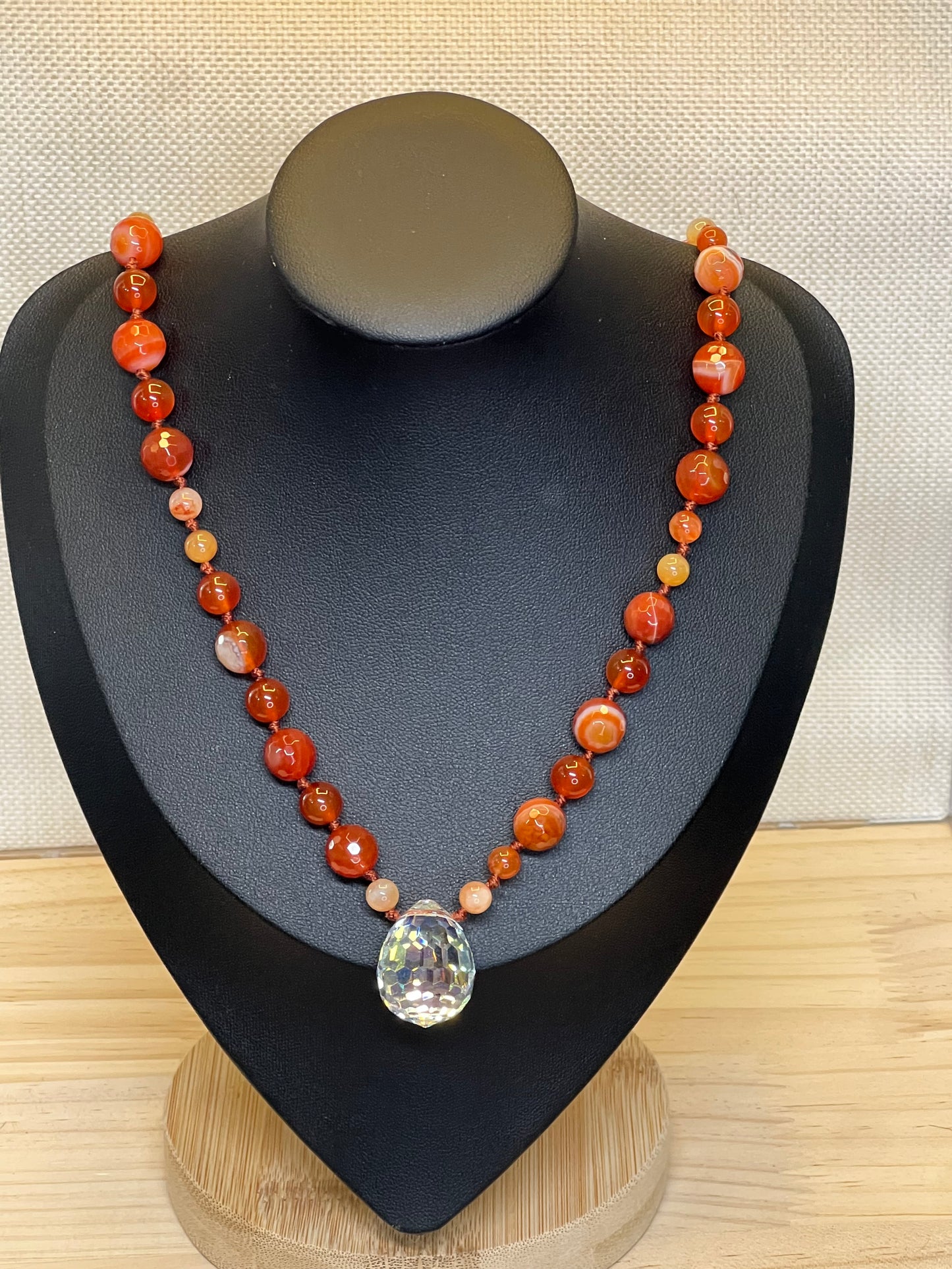 Sardonyx and Carnellian over Coral Knotted 27 inch Necklace Centered by a Lucky Crystal