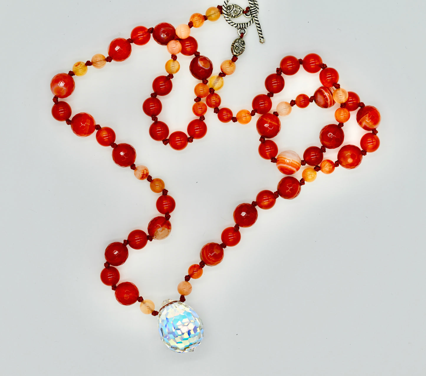 Sardonyx with Carnelian 27 Inch Knotted Necklace Burgundy Silk Genuine White Chrystal Pendant Silver Hardware