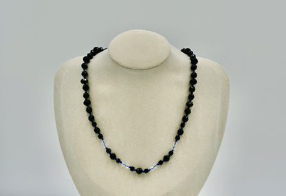 Black Spinel White Chrystals 16 Inch Knotted Blue Silk Necklace Silver Hardware