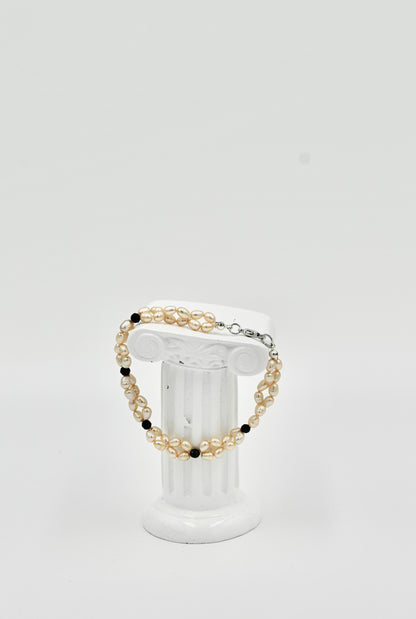 Double Sewn Fresh Water Pearls Black Spinel 7 Inch Bracelet Silver Hardware