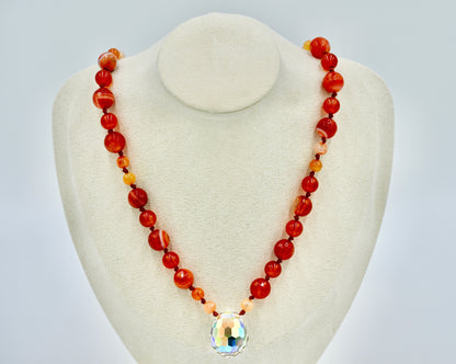Sardonyx with Carnelian 27 Inch Knotted Necklace Burgundy Silk Genuine White Chrystal Pendant Silver Hardware