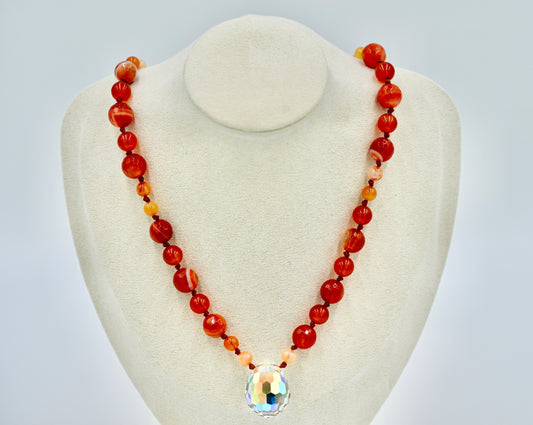 Sardonyx with Carnelian 27 Inch Knotted Necklace Burgundy Silk Genuine White Chrystal Pendant Silver Hardware