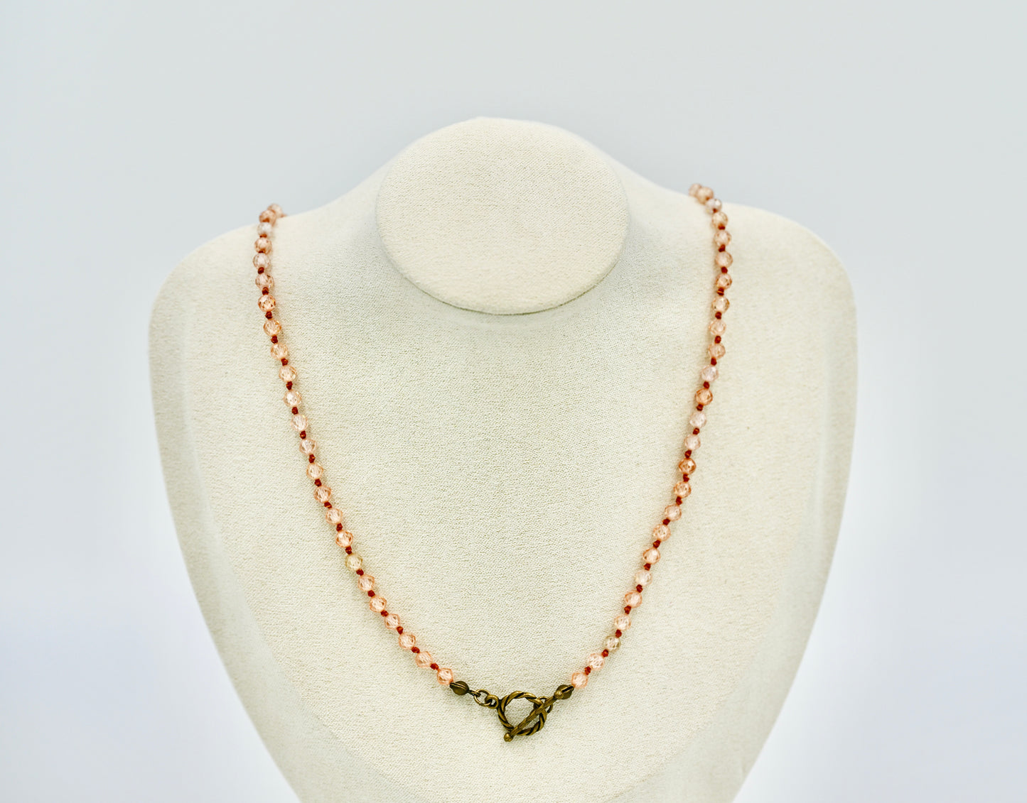 Chocolate Cognac Facet Chrystals 18 Inch Knotted Chocolate Brown Wax Silk Yellow Copper Hardware