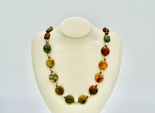 Picasso Jasper 24 Inch Knotted Brown Silk Necklace Silver Hardware