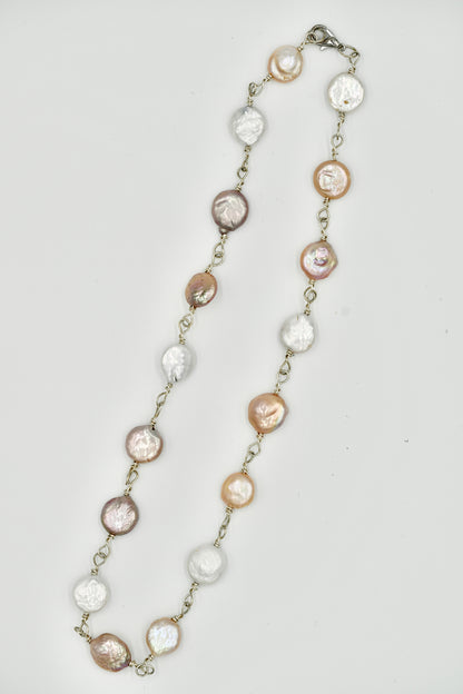 Sterling Silver Rosary Twisted with Multiple Flat Fresh Water Pearls 18 Inch Necklace