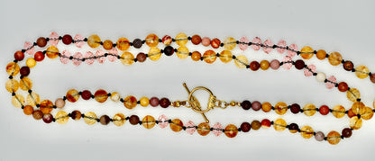 Multiple Gemstones Seven Chrystals Mookaite Pink Facet Chrystal 36 Inch Gold Hardware Necklace Knotted Black Silk