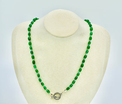 Green Jade Knotted Blue Silk 17 Inch Necklace Silver Hardware