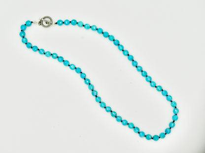 Mystic Blue Jade Facetted 17 Inch Necklace Knotted Black Silk