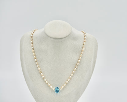 Fresh Water Pearl with 20k Aquamarine Stone Knotted 17 Inch Necklace White Silk Silver Hardware