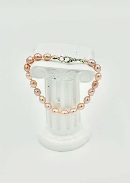 Pink Beige Fresh Water Pearls 7 Inch Knotted White Silk Bracelet Silver Hardware