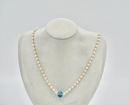 Fresh Water Pearl with 20k Aquamarine Stone Knotted 17 Inch Necklace White Silk Silver Hardware