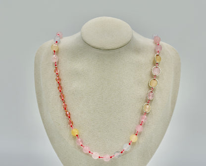 Morganite Pink Chrystals 22 Inch Knotted Pink Necklace Silver Hardware