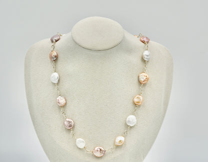 Sterling Silver Rosary Twisted with Multiple Flat Fresh Water Pearls 18 Inch Necklace