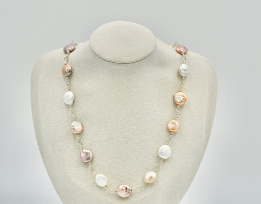 Sterling Silver Rosary Twisted with Multiple Flat Fresh Water Pearls 18 Inch Necklace
