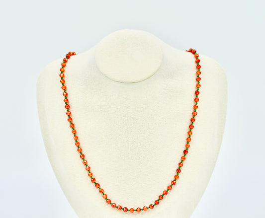 Orange Garnet Facet Shiny Knotted Green Wax Silk 18 Inch Necklace Yellow Copper Antique Hardware
