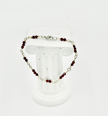 Sterling Silver Rosary Red Garnet Facetted 8 Inch Bracelet