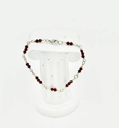 Sterling Silver Rosary Red Garnet Facetted 8 Inch Bracelet
