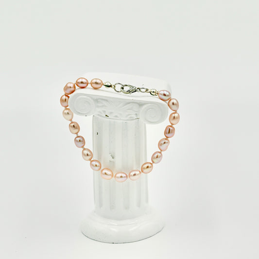 Pink Beige Fresh Water Pearls 7 Inch Knotted White Silk Bracelet Silver Hardware