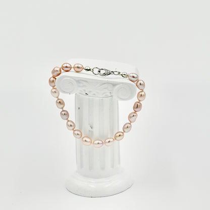 Pink Beige Fresh Water Pearls 7 Inch Knotted White Silk Bracelet Silver Hardware