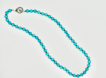 Mystic Blue Jade Facetted 17 Inch Necklace Knotted Black Silk