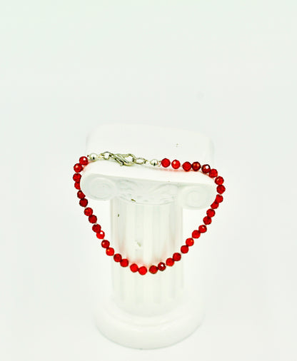 Orange Garnet Facet 7 Inch Knotted White Silk Bracelet Silver Hardware