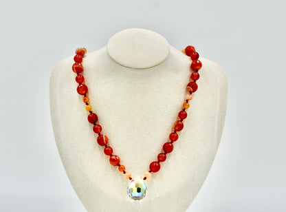 Sardonyx with Carnelian 27 Inch Knotted Necklace Burgundy Silk Genuine White Chrystal Pendant Silver Hardware