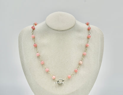 Pink Opal 925 Sterling Silver Rosary 17 Inch Necklace