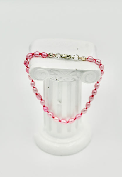 Fresh Water Pink Pearls 7 Inch Knotted Pink Silk Bracelet Silver Hardware