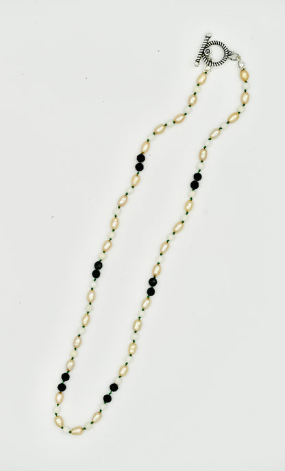 Mixed Stone Fresh Water Pearl Black Spinel with Coral 17 Inch Knotted Green Silk Silver Hardware
