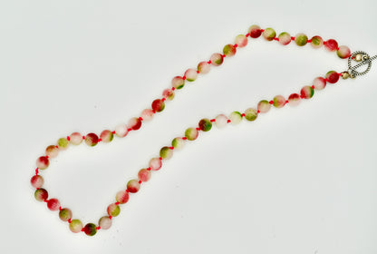 Jasper Jade 20 Inch Knotted Pink Silk Necklace Silver Hardware