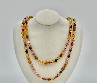 Multiple Gemstones Seven Chrystals Mookaite Pink Facet Chrystal 36 Inch Gold Hardware Necklace Knotted Black Silk