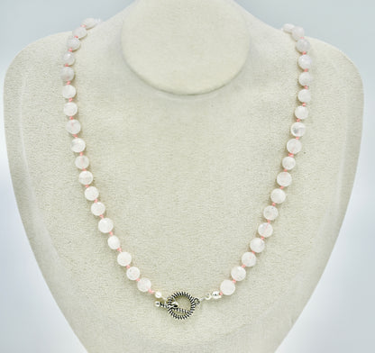 Moon Stone Knotted Pink Silk 17 Inch Necklace Silver Hardware