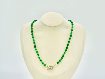 Green Jade Knotted Blue Silk 17 Inch Necklace Silver Hardware