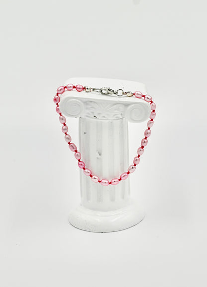 Fresh Water Pink Pearls 7 Inch Knotted Pink Silk Bracelet Silver Hardware