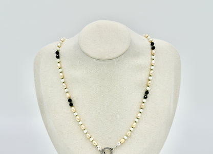 Mixed Stone Fresh Water Pearl Black Spinel with Coral 17 Inch Knotted Green Silk Silver Hardware