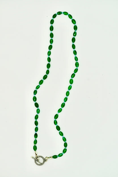 Green Jade Knotted Blue Silk 17 Inch Necklace Silver Hardware