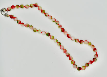 Jasper Jade 20 Inch Knotted Pink Silk Necklace Silver Hardware