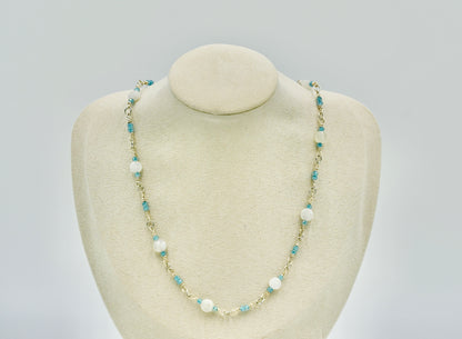 Moon Stone Aquamarine 925 Sterling Silver Rosary 16 Inch Necklace