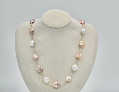 Sterling Silver Rosary Twisted with Multiple Flat Fresh Water Pearls 18 Inch Necklace
