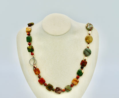 Picasso Jasper 24 Inch Knotted Brown Silk Necklace Silver Hardware