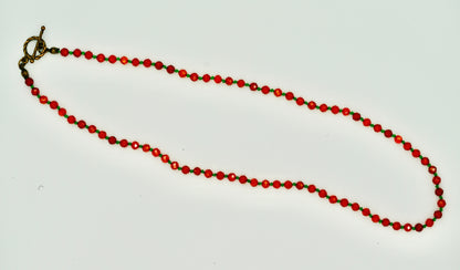 Orange Garnet Facet Shiny Knotted Green Wax Silk 18 Inch Necklace Yellow Copper Antique Hardware
