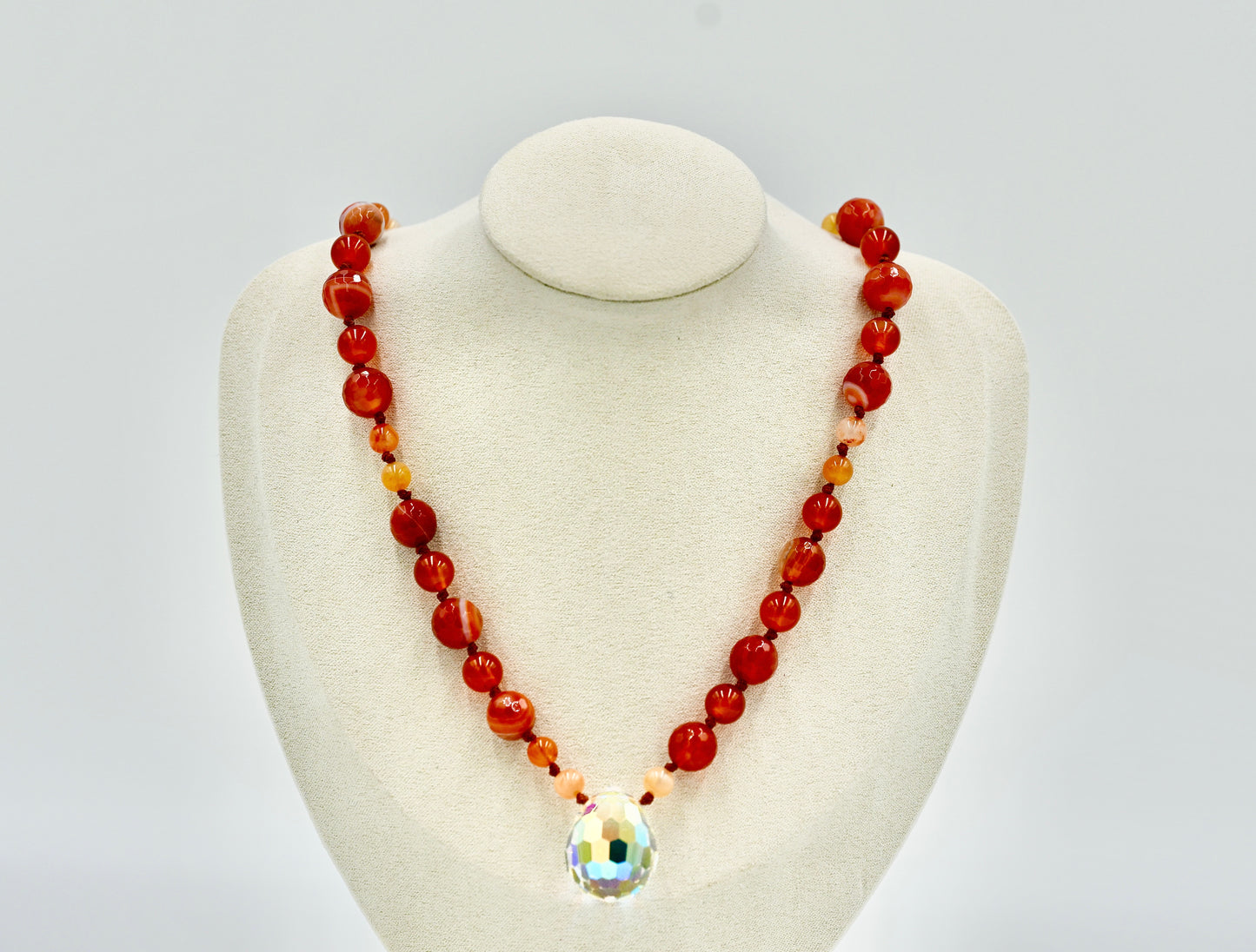 Sardonyx with Carnelian 27 Inch Knotted Necklace Burgundy Silk Genuine White Chrystal Pendant Silver Hardware