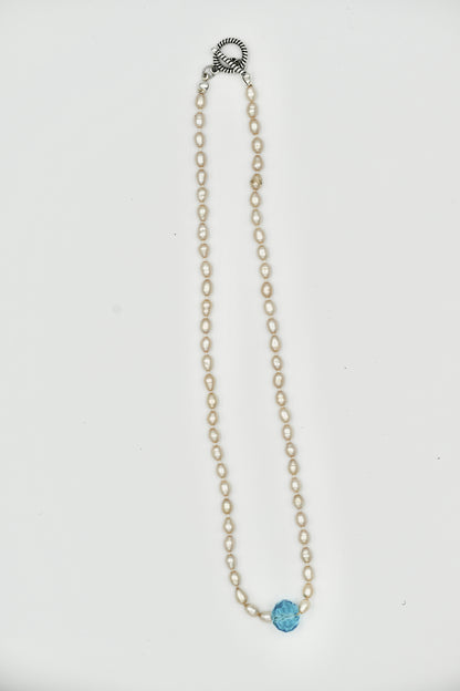 Fresh Water Pearl with 20k Aquamarine Stone Knotted 17 Inch Necklace White Silk Silver Hardware