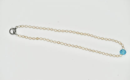 Fresh Water Pearl with 20k Aquamarine Stone Knotted 17 Inch Necklace White Silk Silver Hardware