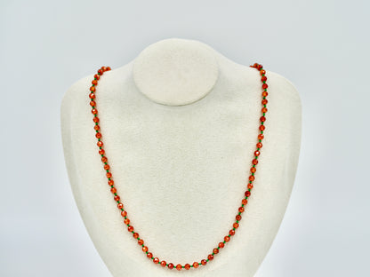 Orange Garnet Facet Shiny Knotted Green Wax Silk 18 Inch Necklace Yellow Copper Antique Hardware