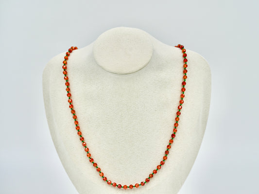 Orange Garnet Facet Shiny Knotted Green Wax Silk 18 Inch Necklace Yellow Copper Antique Hardware