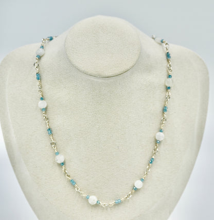 Moon Stone Aquamarine 925 Sterling Silver Rosary 16 Inch Necklace