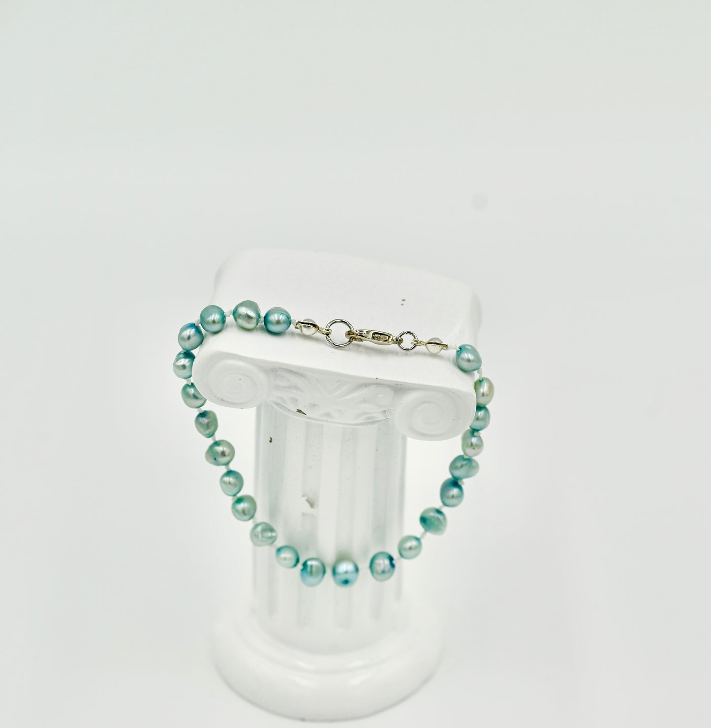 Natural Blue Fresh Water Pearls 7 Inch Knotted Bracelet Silver Hardware